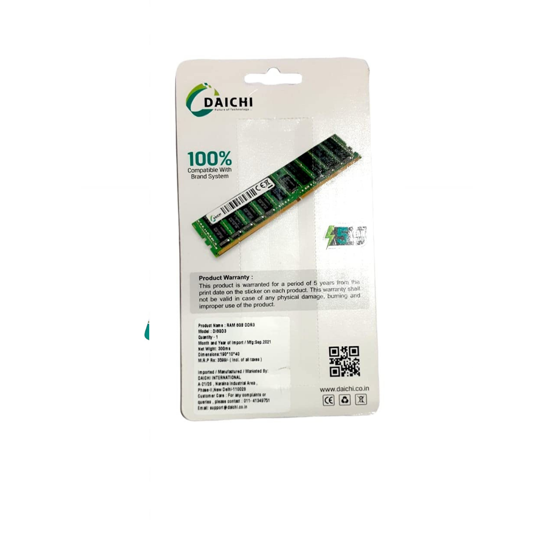 DAICHI DDR3 8 GB DUAL CHANNEL PC3 1600 MHz ( PC-12800) Memory Ram For Desktop Pc Computer Or Pc for H55. H61, H81 motherboards with 5 Years Warranty